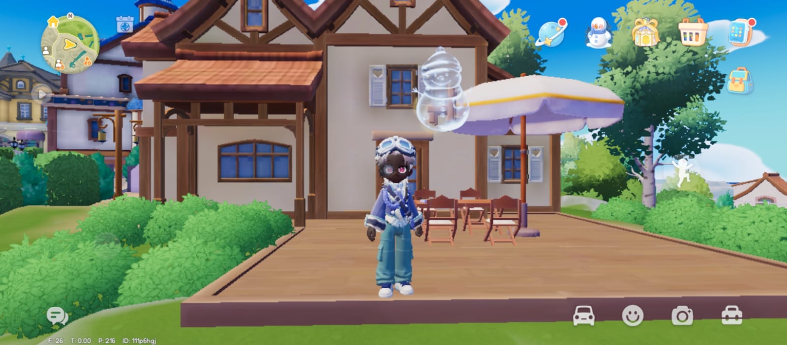 Day 2 furniture bubble floating near Vanya's parasol