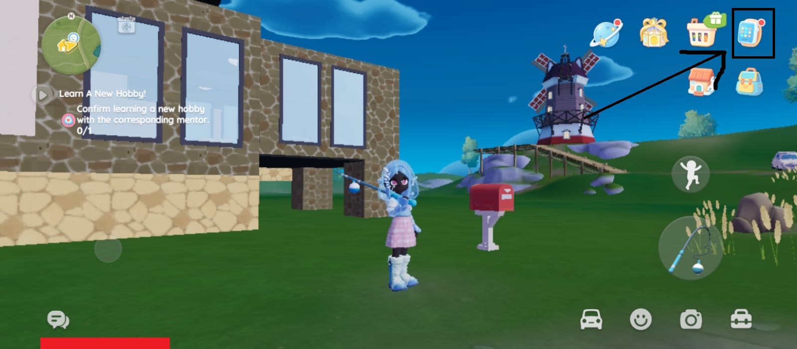 Heartopia game screen showing the watch icon in the top right corner to open the main menu.