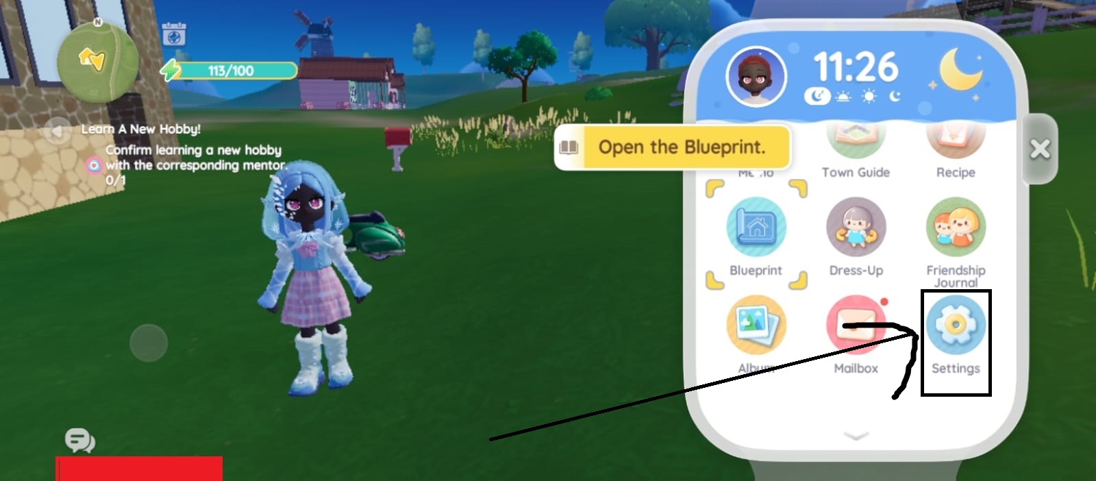 Heartopia main menu interface with the Settings gear icon highlighted.