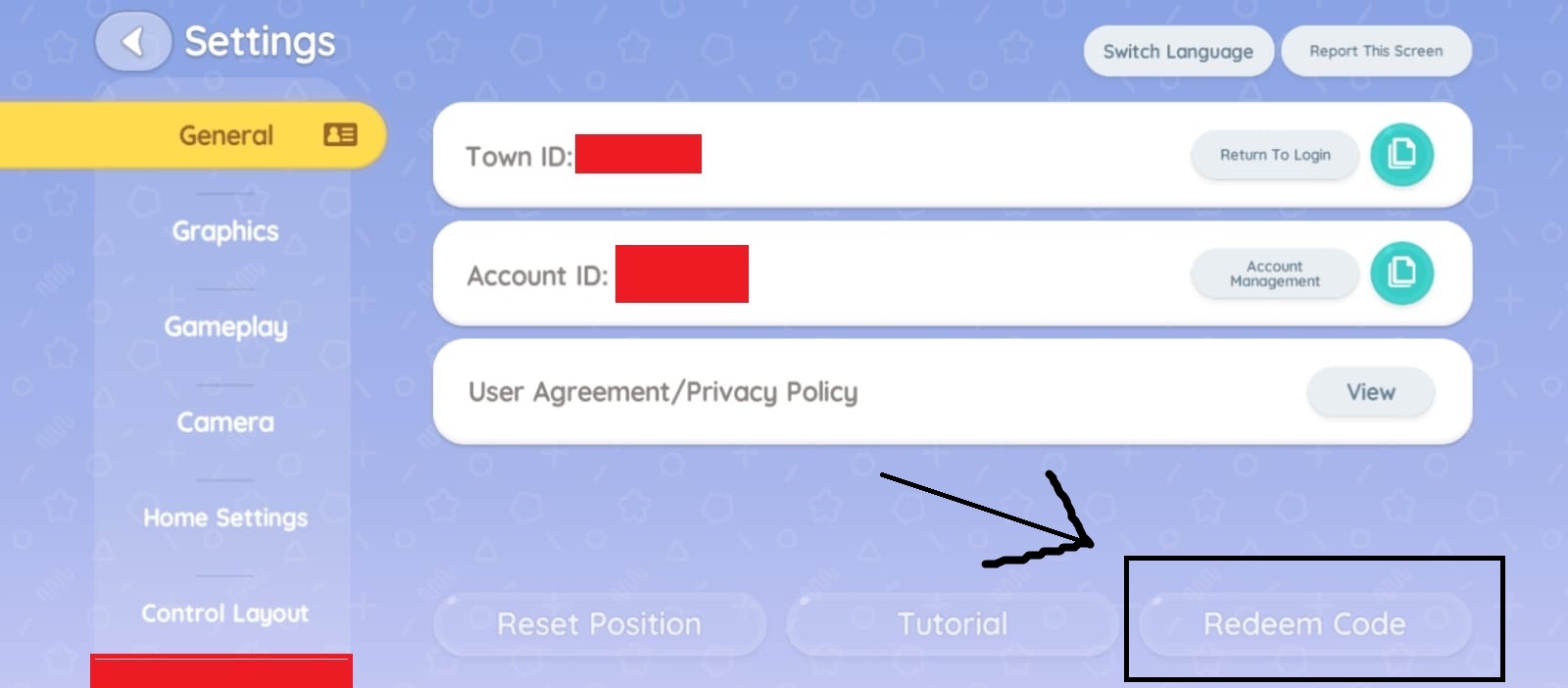 Heartopia Settings window showing the General tab selected on the left sidebar.