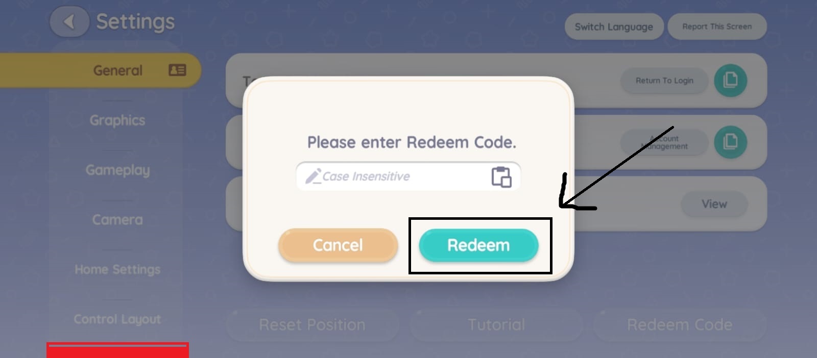 Redeem Code button location in the bottom right corner of the Heartopia General settings screen.