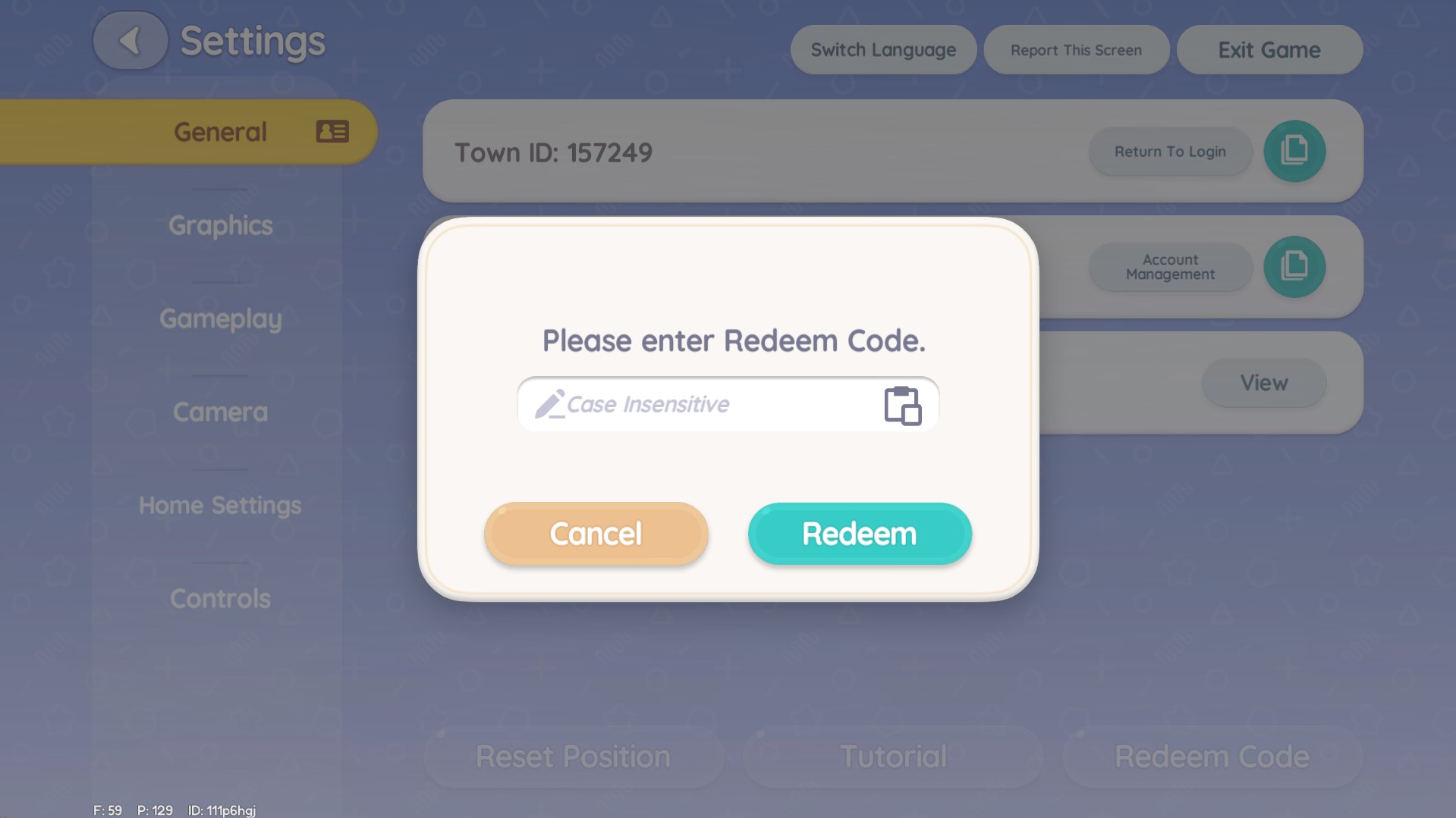 Redeem Code button location in the bottom right corner of the Heartopia General settings screen.